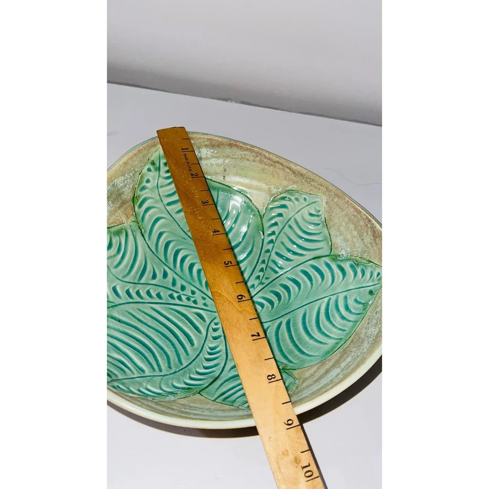Wendy Wrenn Studio Pottery Leaf Embossed Serving Bowl 9in Teal Green Ceramic
